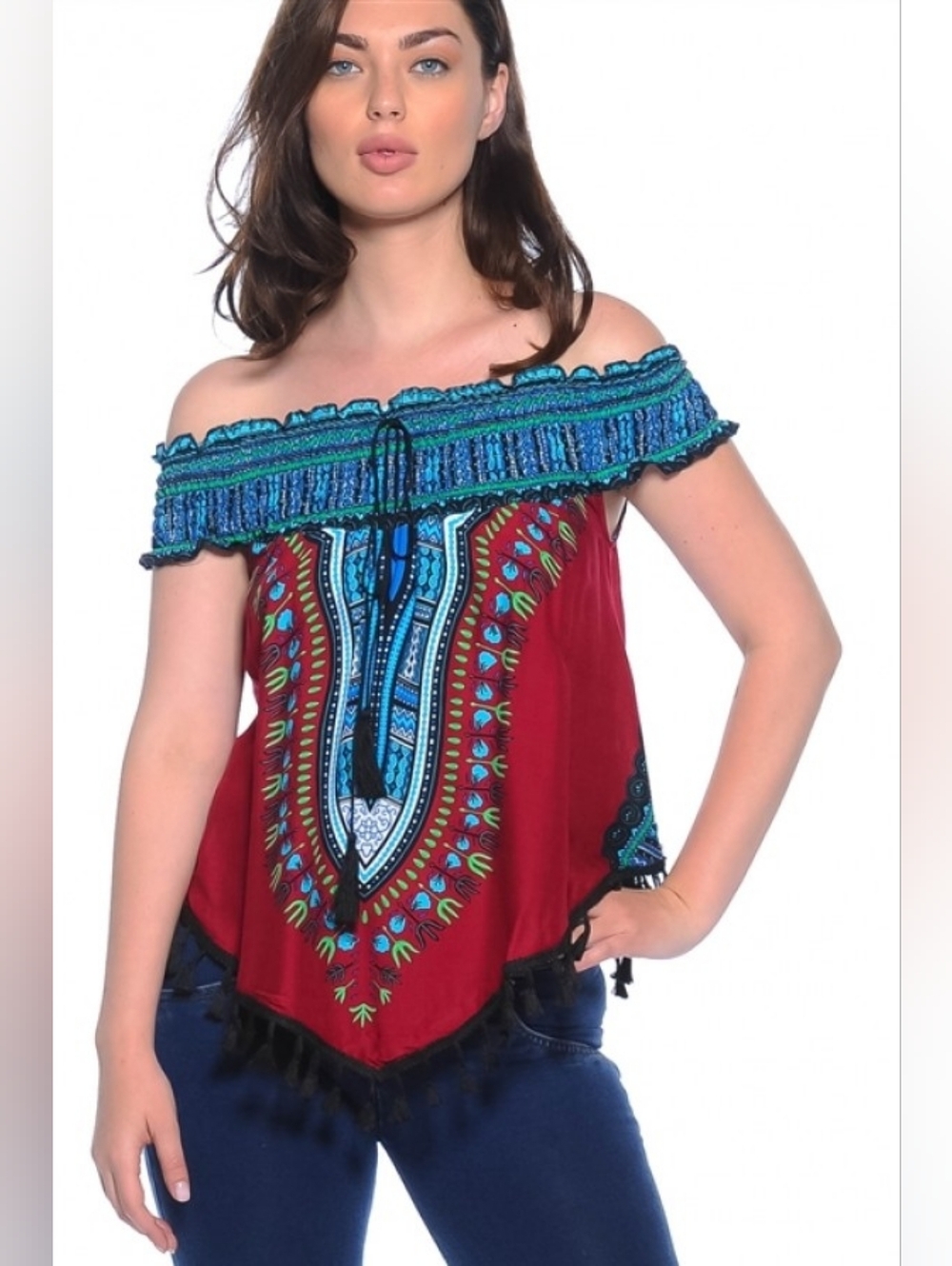 Bohemian Off-Shoulder Women’s Top in with Blue Trim